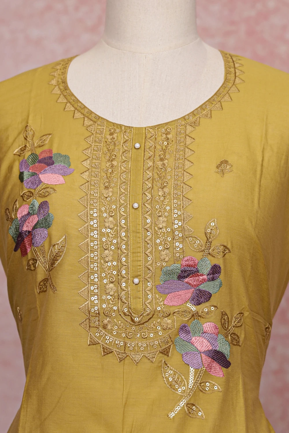 Mustard Yellow Mul Chanderi Thread Work Unstitched Churidhar Material