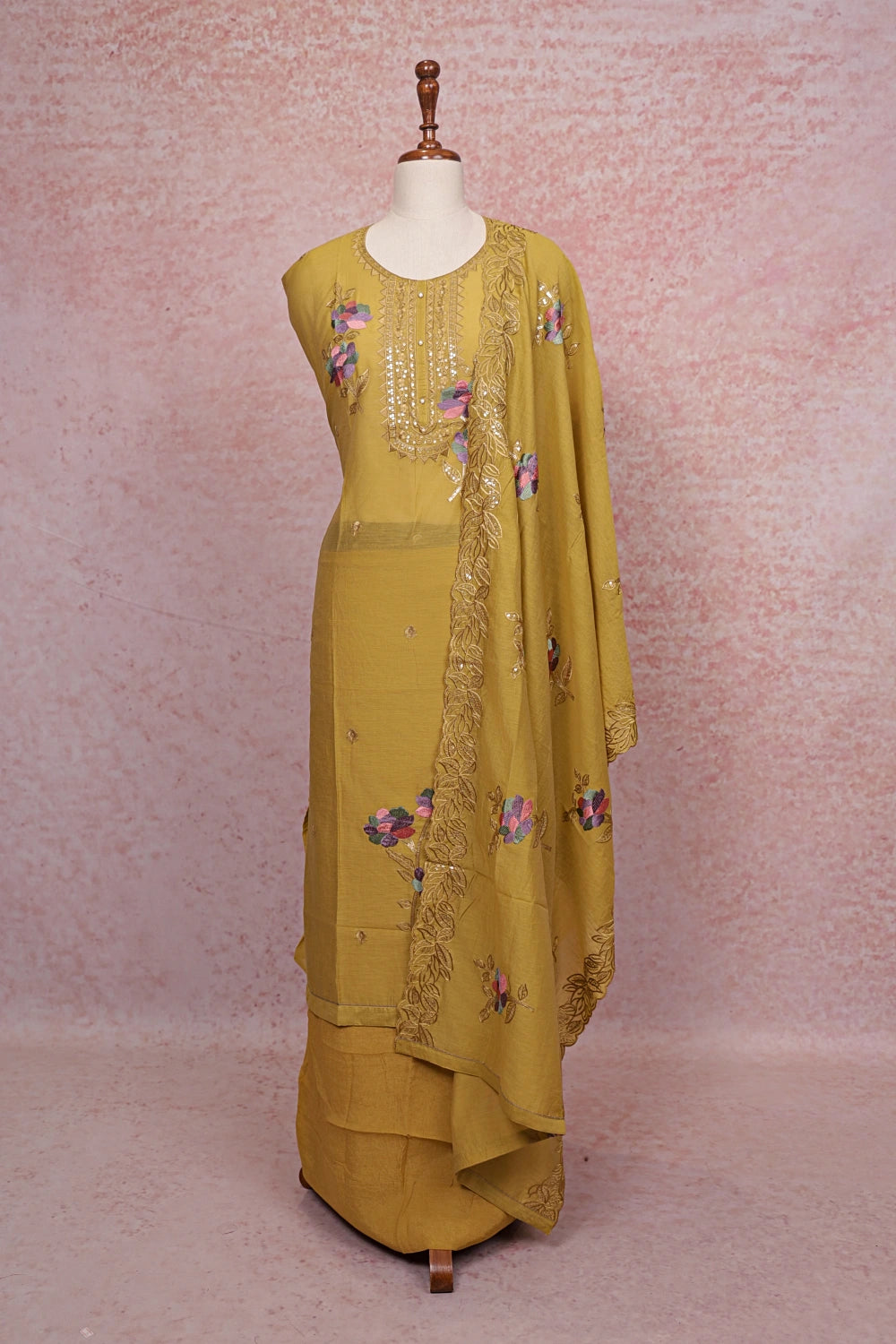 Mustard Yellow Mul Chanderi Thread Work Unstitched Churidhar Material