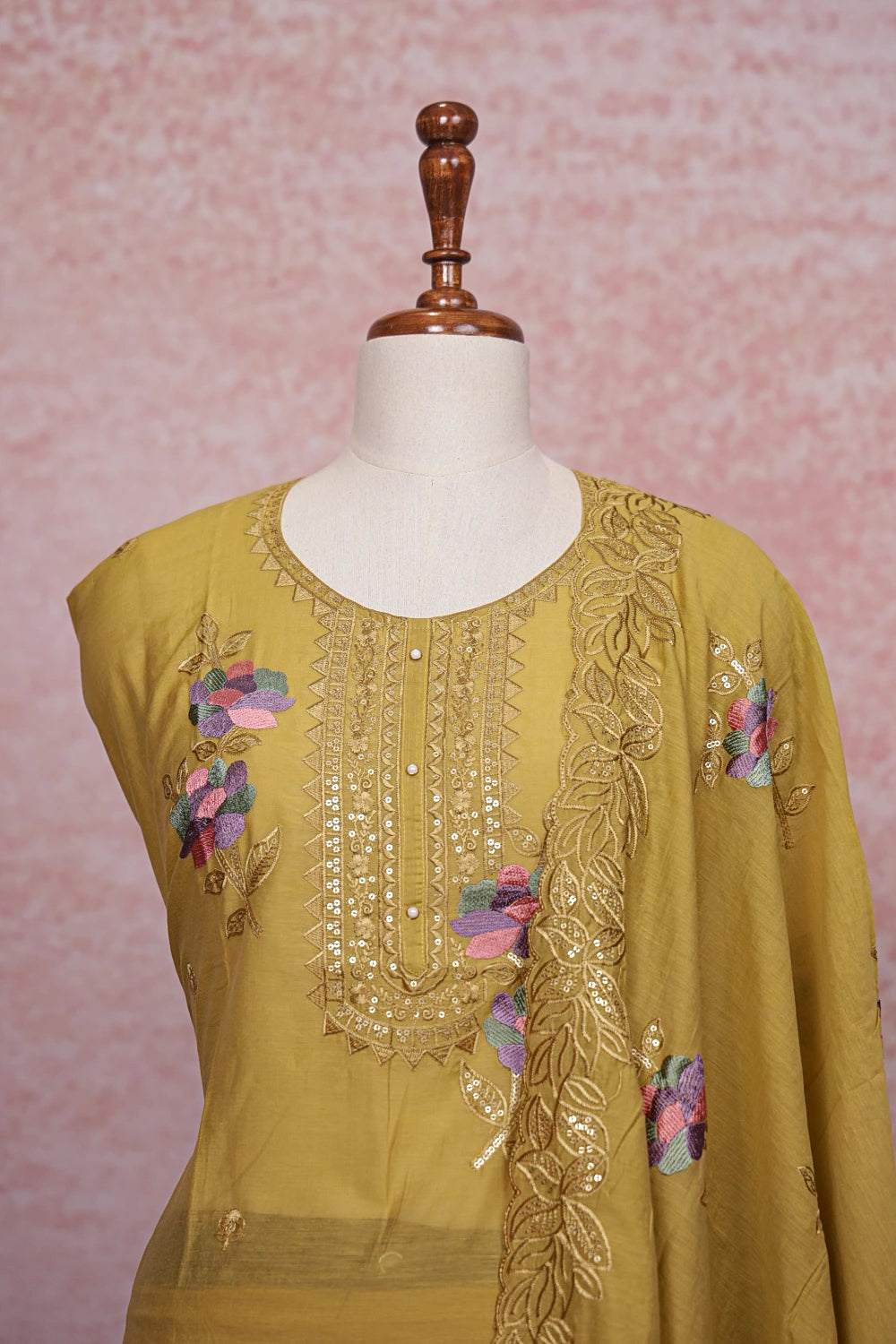 Mustard Yellow Mul Chanderi Thread Work Unstitched Churidhar Material