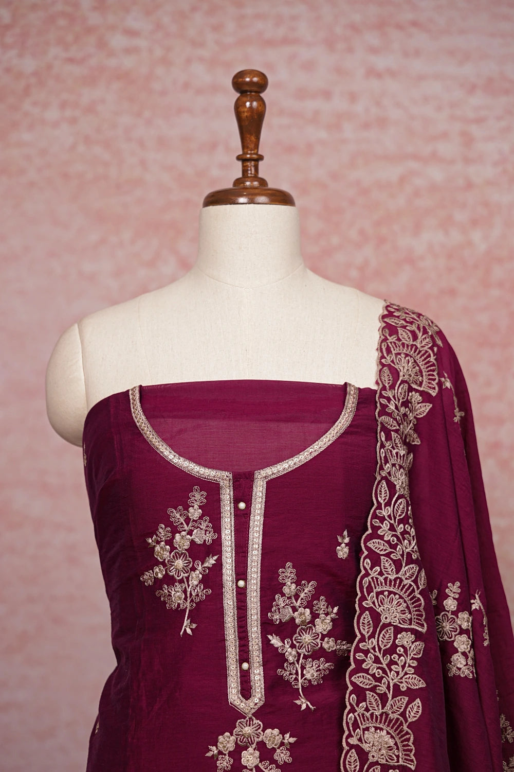 Wine Mul Chanderi Embroidery Unstitched Churidhar Material