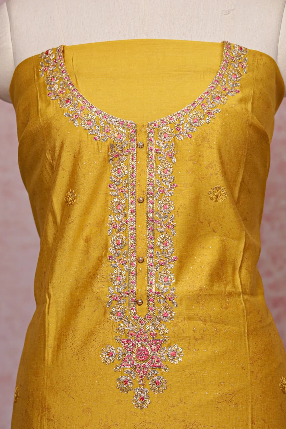 Lemon Yellow Chanderi Silk Embroidery Unstitched Churidar Material