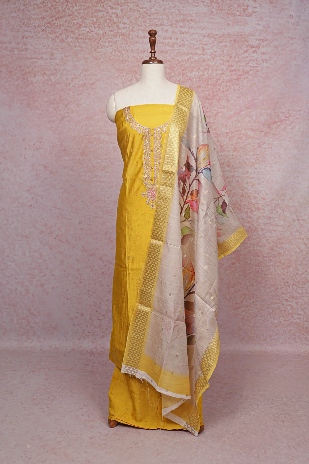 Lemon Yellow Chanderi Silk Embroidery Unstitched Churidar Material