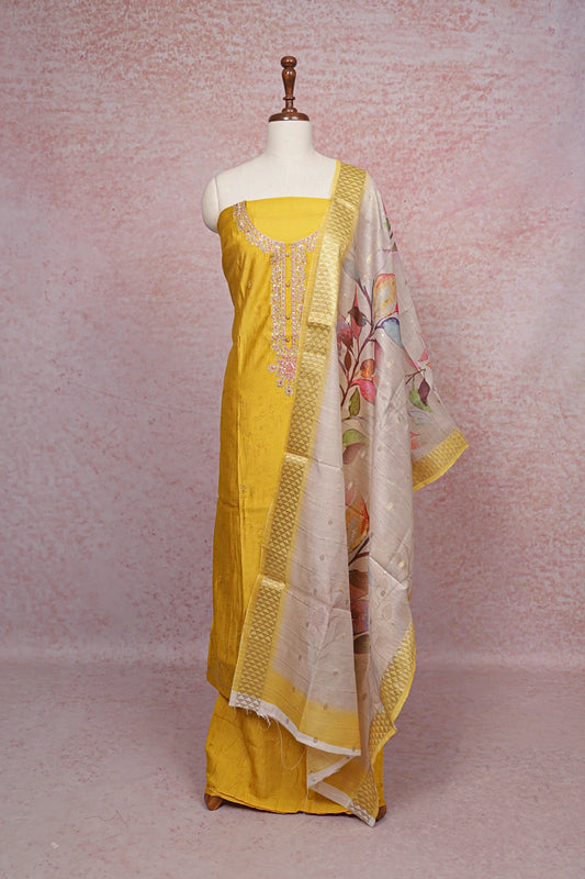 Lemon Yellow Chanderi Silk Embroidery Unstitched Churidar Material
