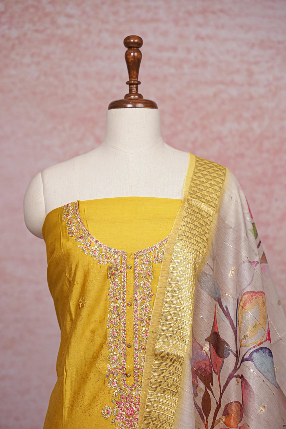 Lemon Yellow Chanderi Silk Embroidery Unstitched Churidar Material