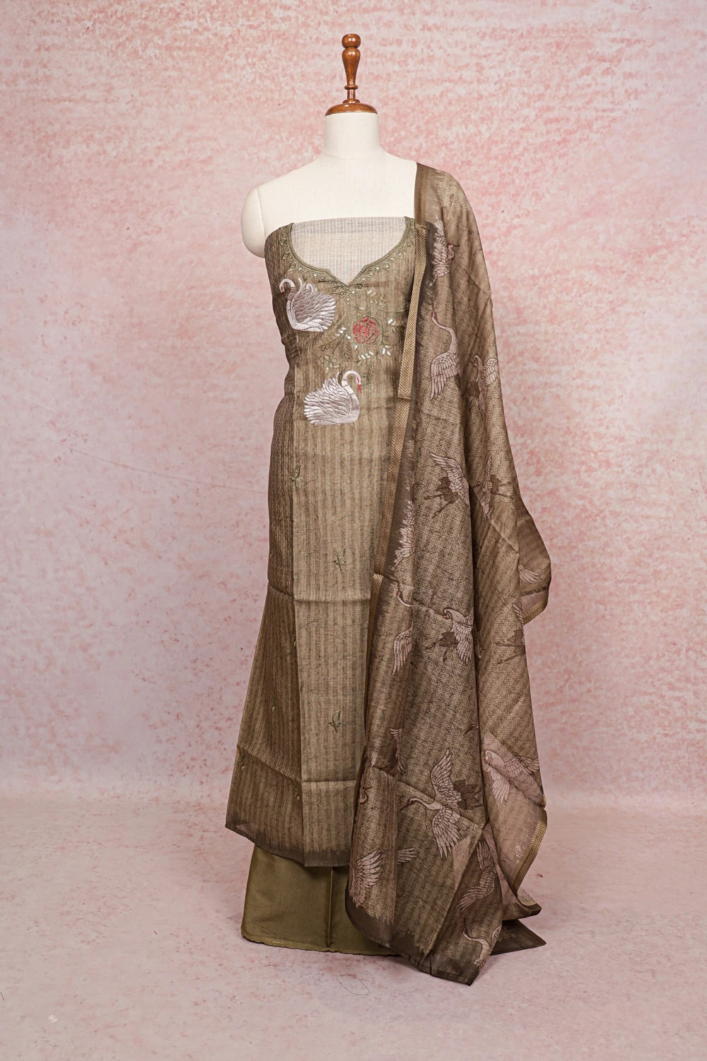 Olive Green Chanderi Silk Embroidery Unstitched Churidhar Material