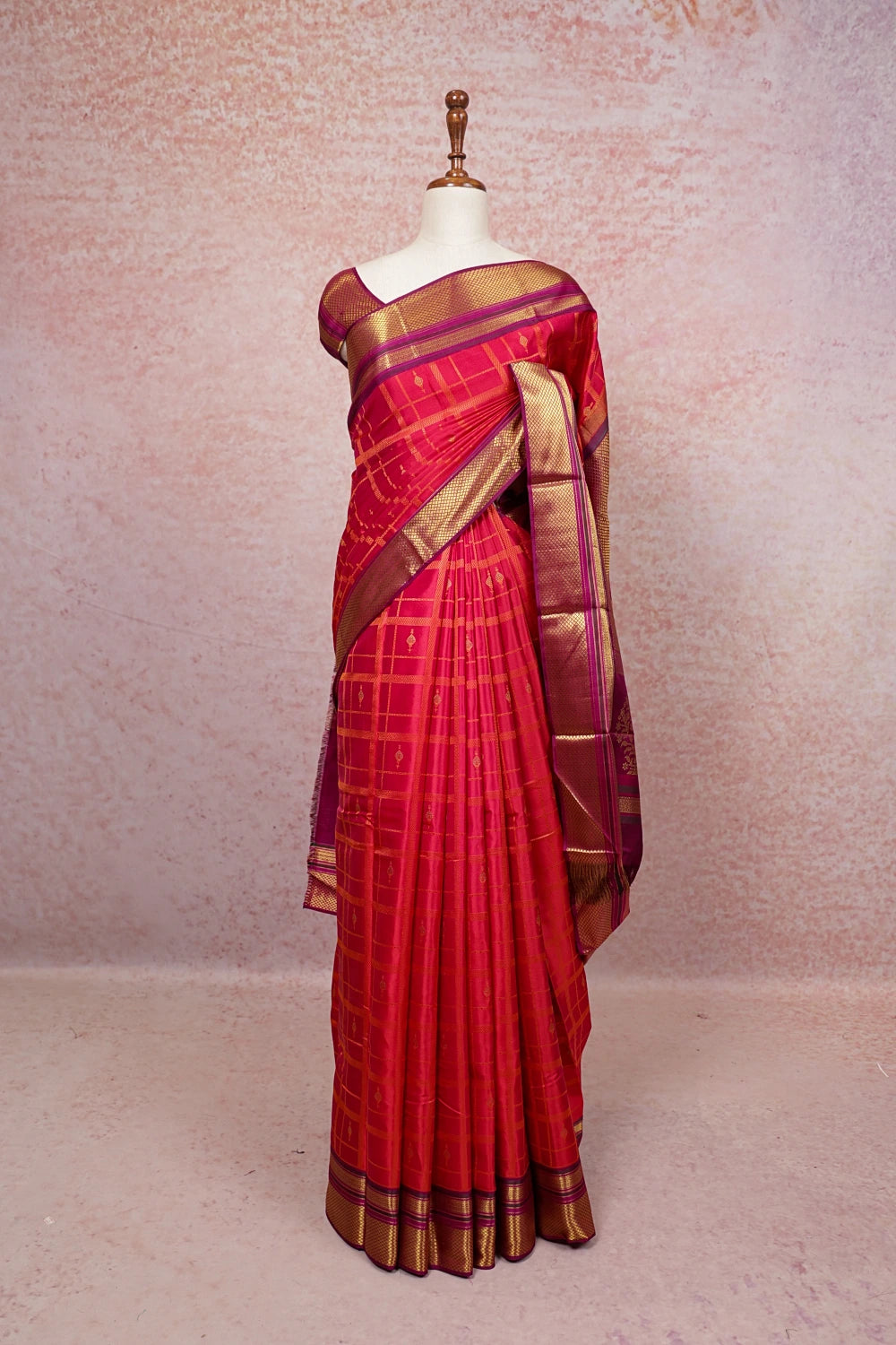 Pinkish Red Kancheepuram Silk Saree