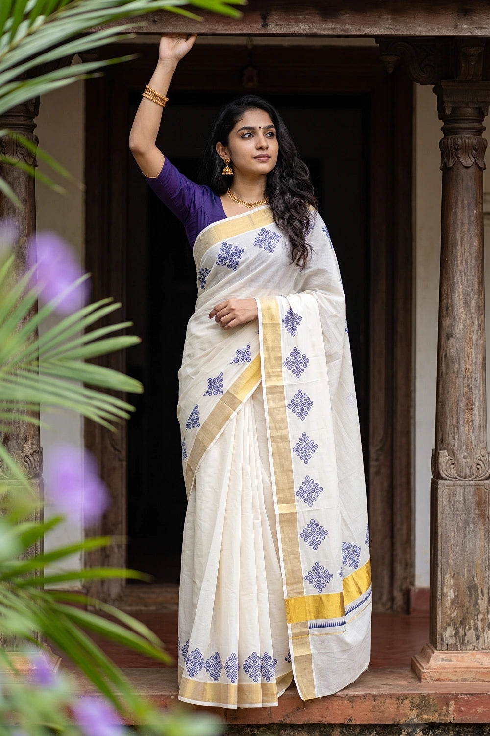 Off White Cotton Kerala Saree - Seematti