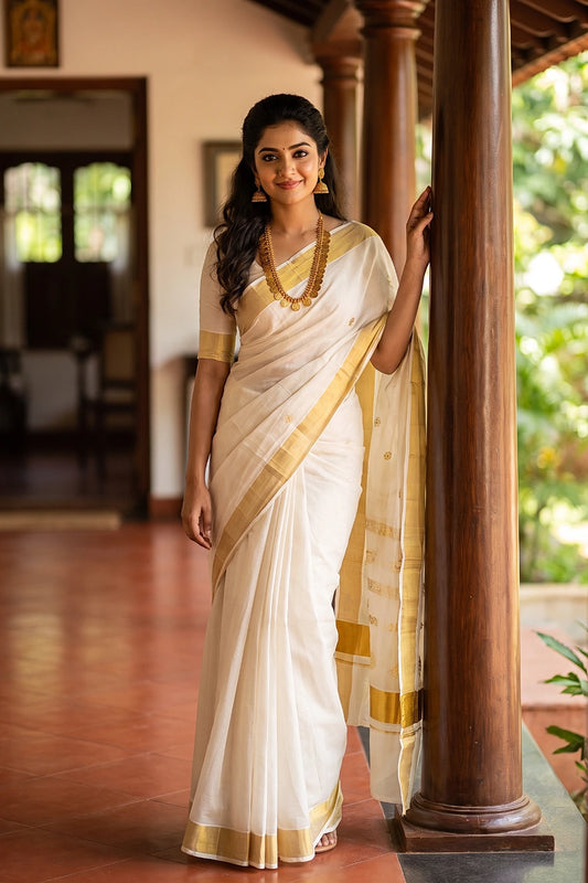 Off White Cotton Kerala Saree - Seematti