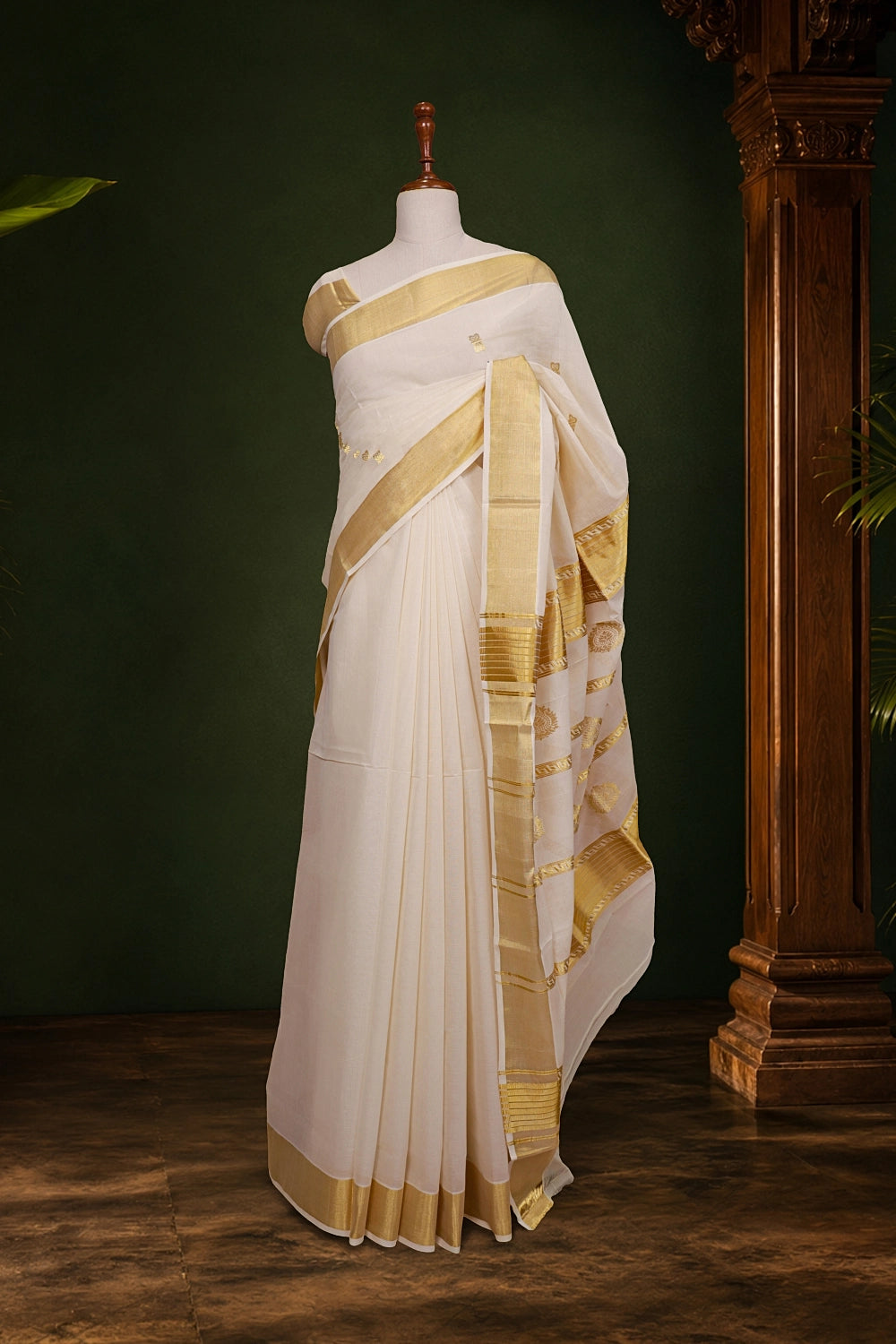 Off White Cotton Kerala Saree - Seematti