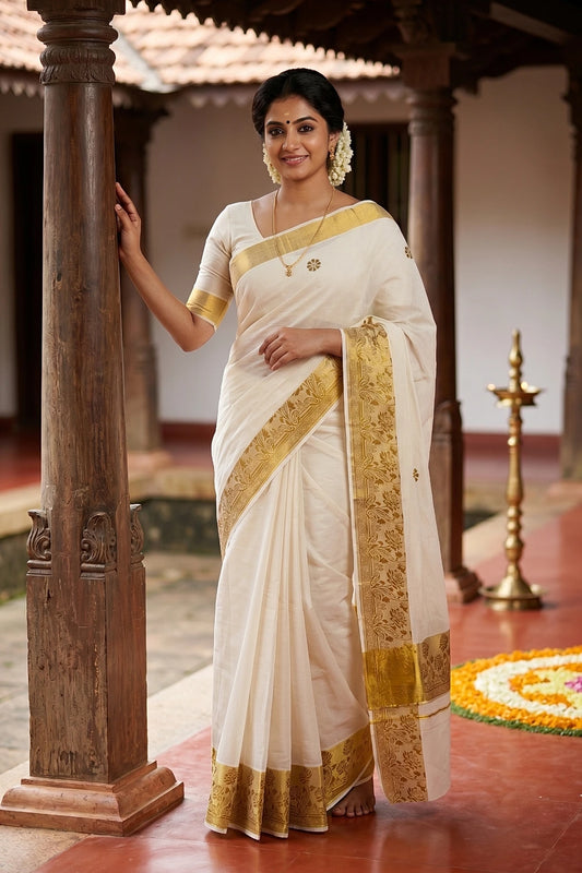 Off White Cotton Kerala Saree - Seematti