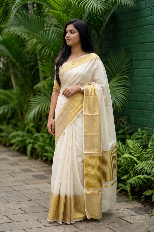 Off White Cotton Kerala Saree - Seematti