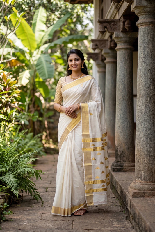 Off White Cotton Kerala Saree - Seematti