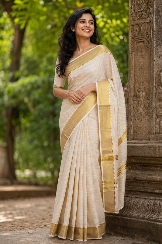 Off White Cotton Kerala Saree - Seematti