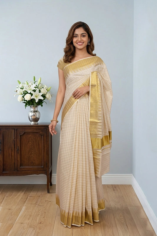 Off White Cotton Kerala Saree - Seematti