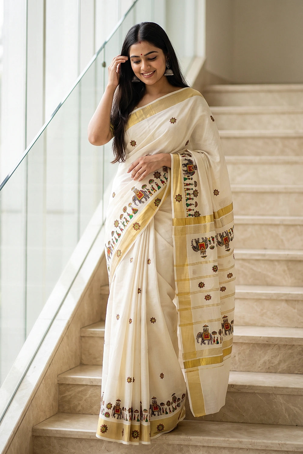 Off White Cotton Kerala Saree - Seematti