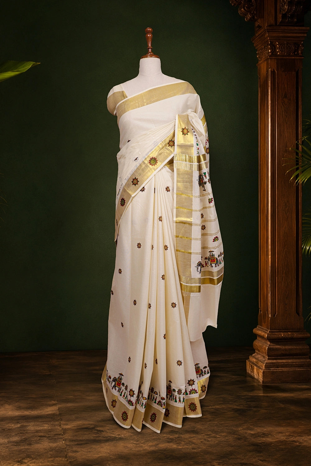 Off White Cotton Kerala Saree - Seematti