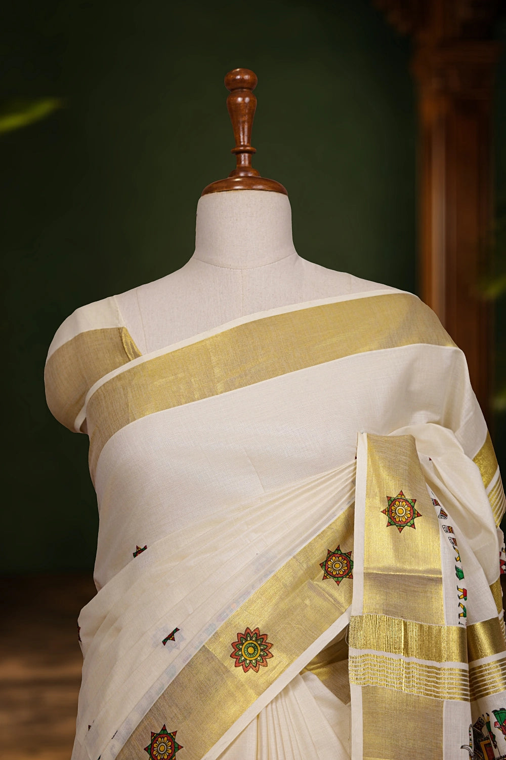 Off White Cotton Kerala Saree - Seematti