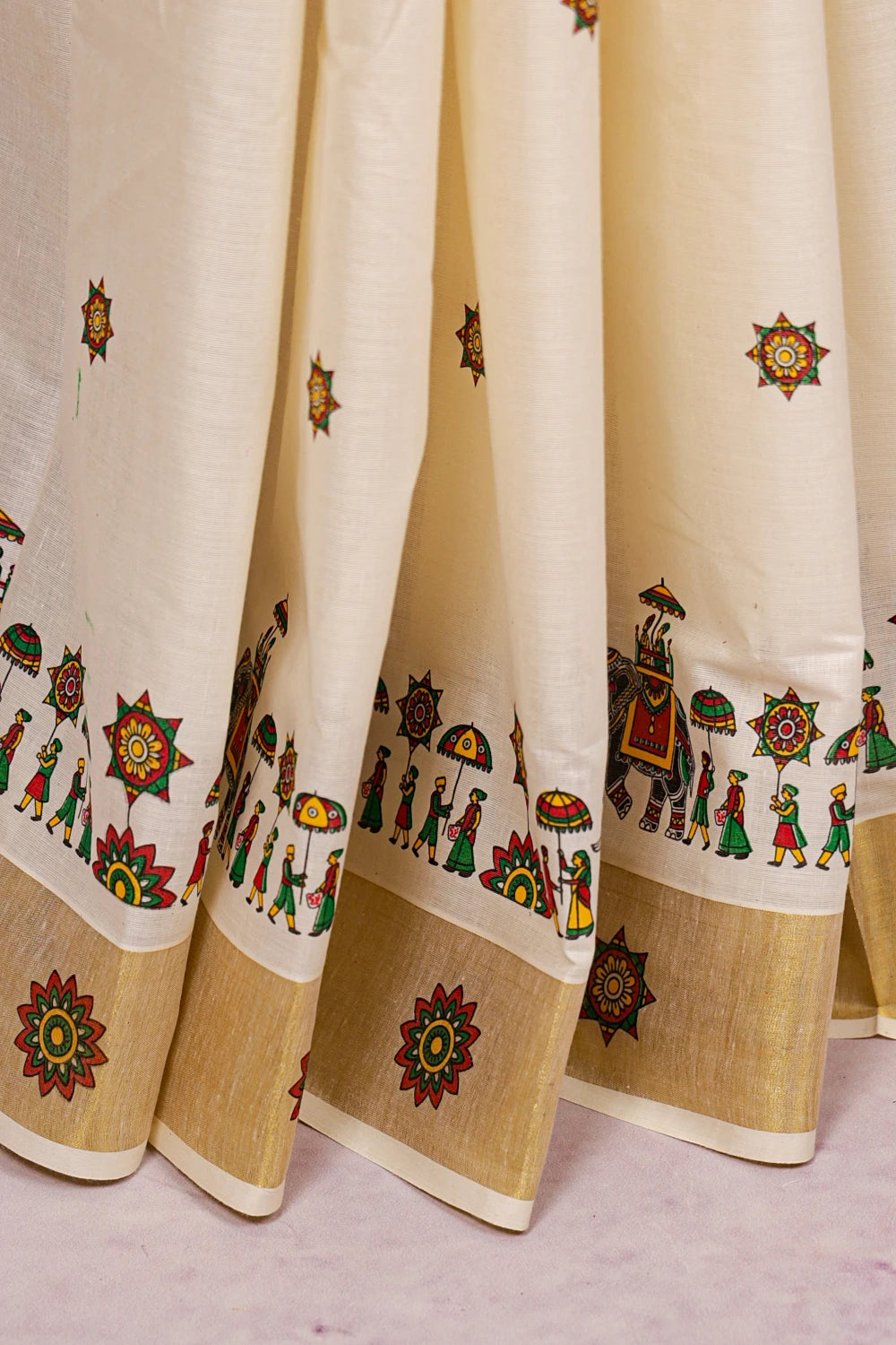 Off White Cotton Kerala Saree - Seematti