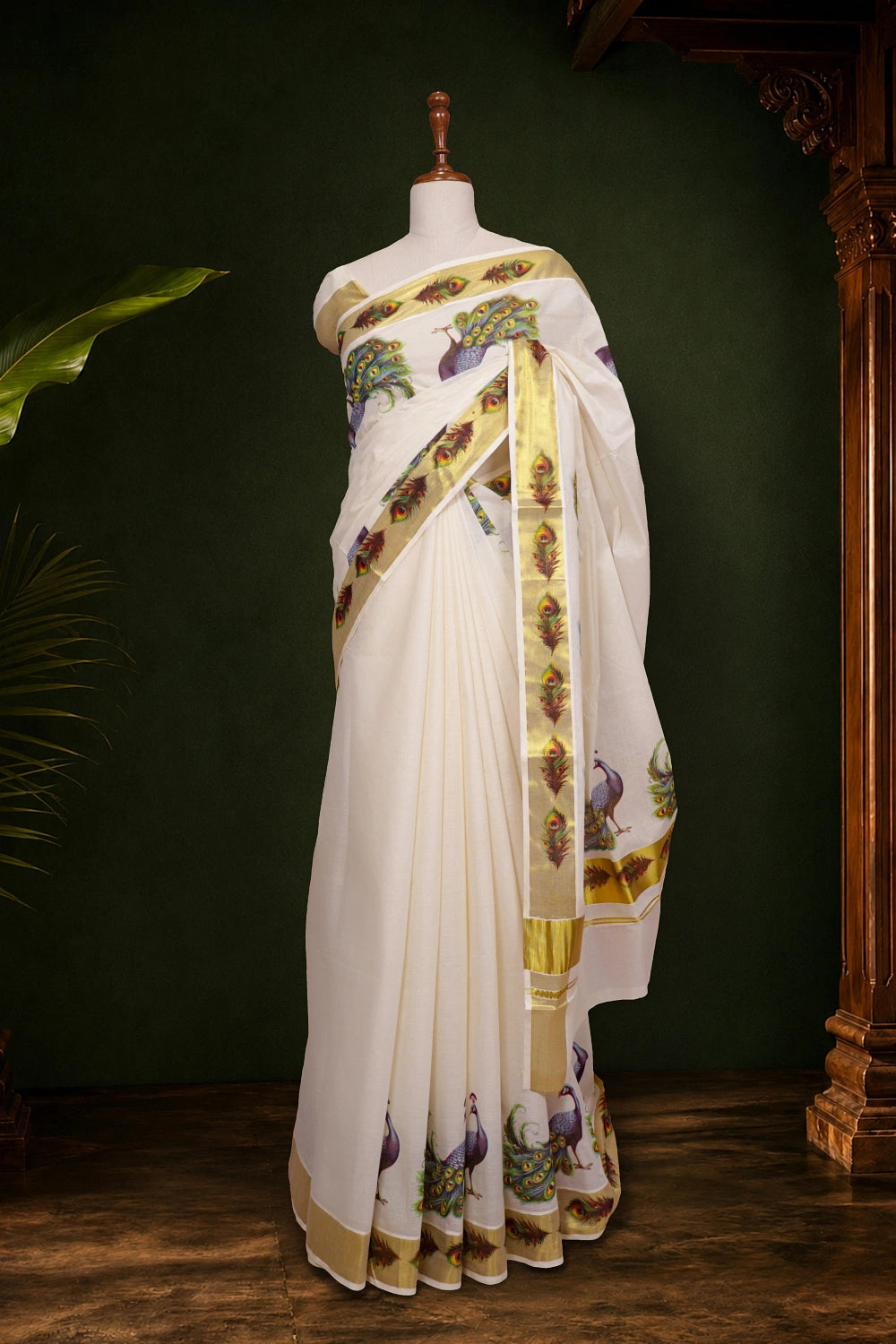 Off White Cotton Kerala Saree
