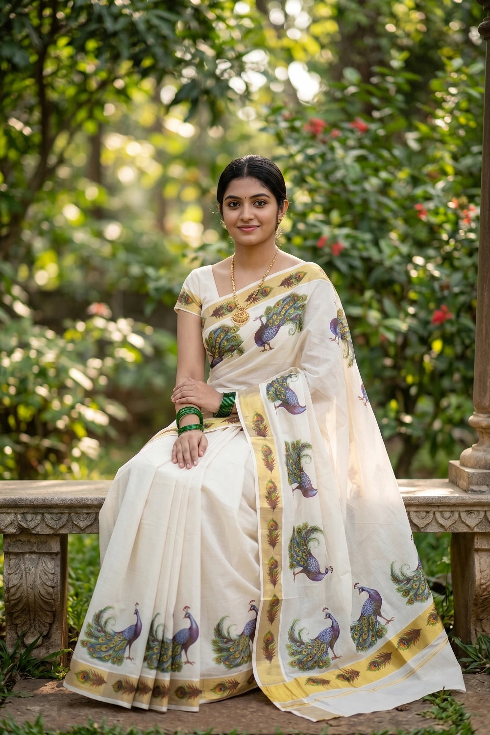 Off White Cotton Kerala Saree