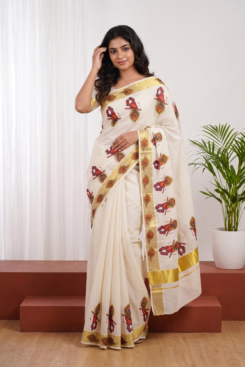 Off White Cotton Kerala Saree