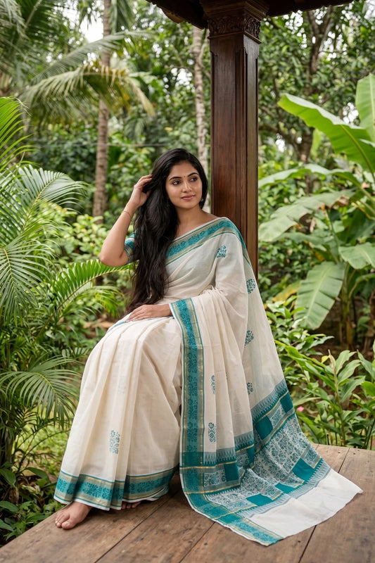 Off White Cotton Kerala Saree - Seematti