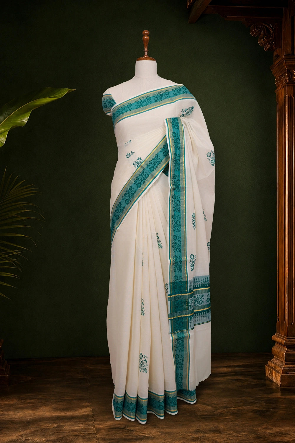 Off White Cotton Kerala Saree