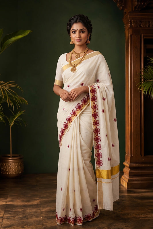 Off White Cotton Kerala Saree - Seematti