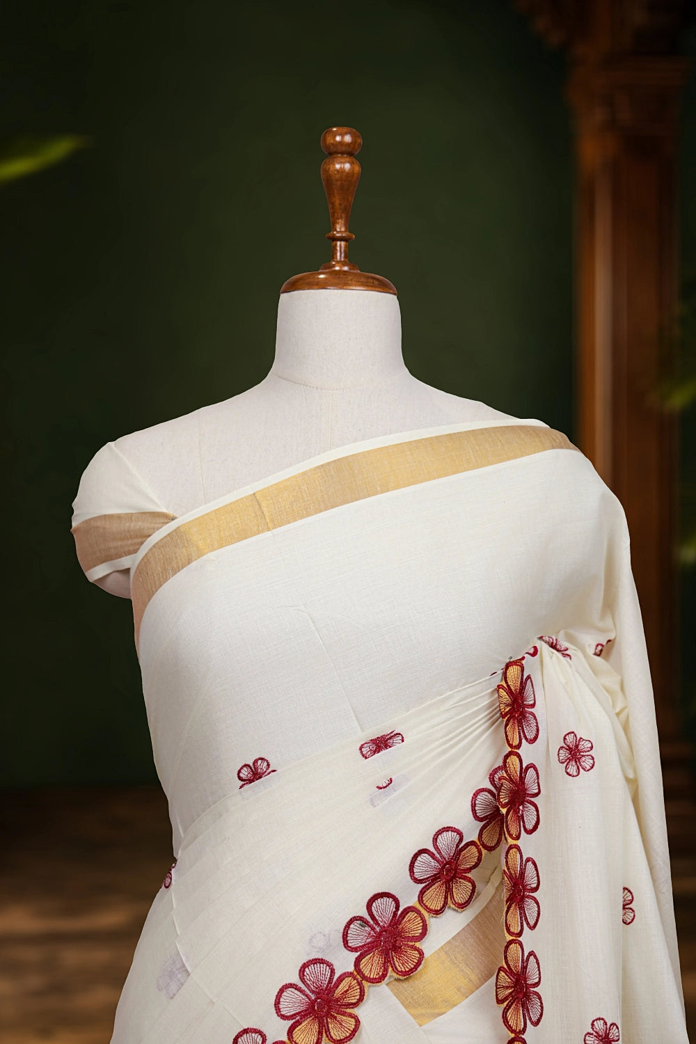 Off White Cotton Kerala Saree - Seematti