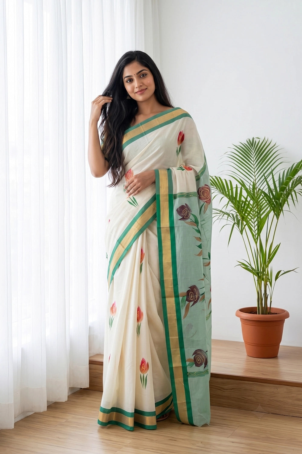 Off White Cotton Kerala Saree