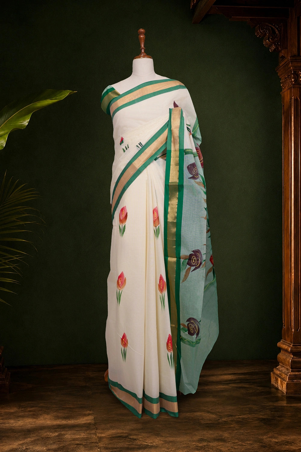 Off White Cotton Kerala Saree