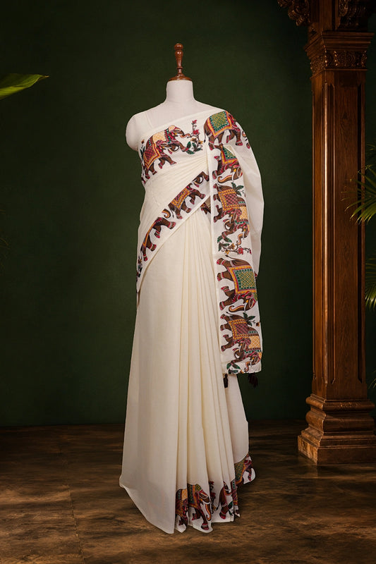 Off White Cotton Kerala Saree - Seematti