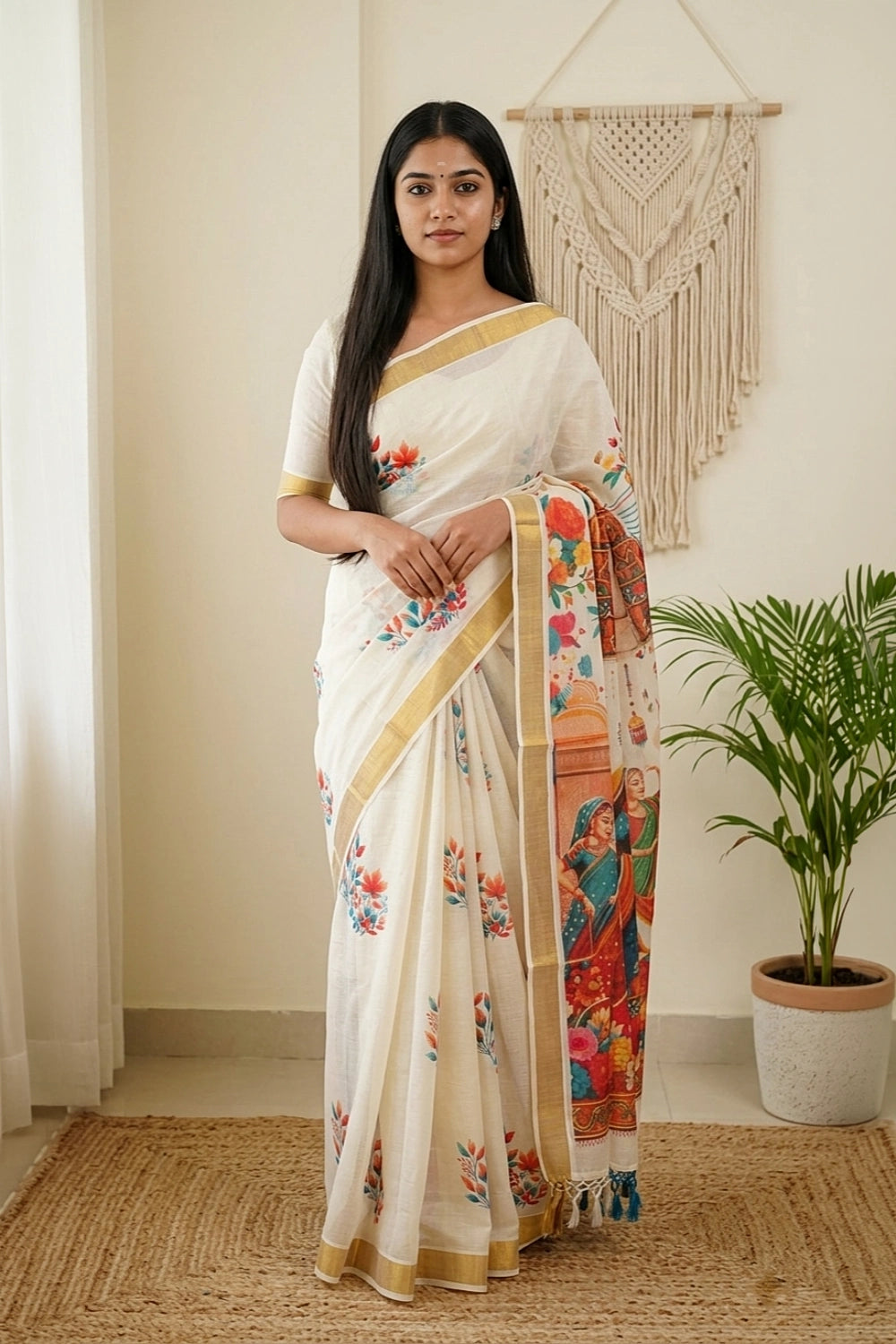 Off White Cotton Kerala Saree