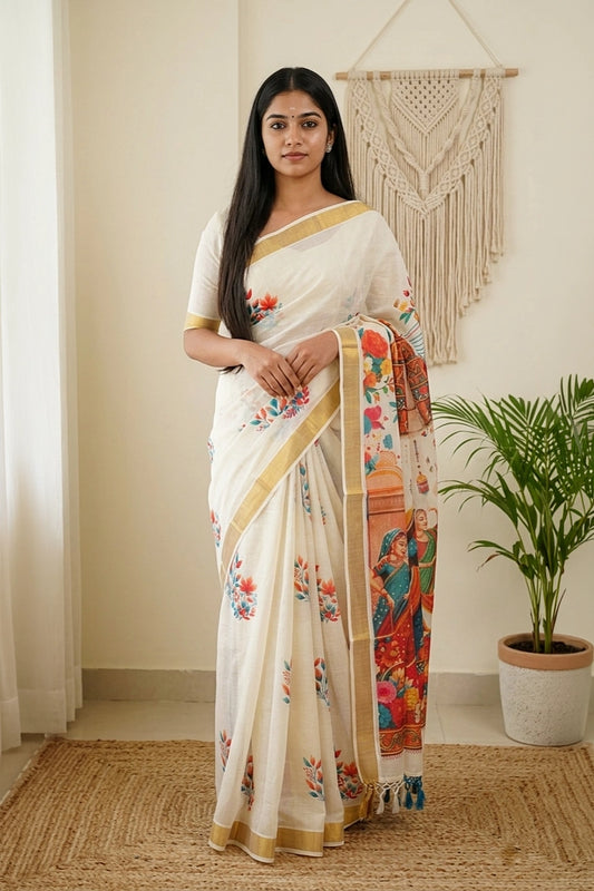 Off White Cotton Kerala Saree - Seematti
