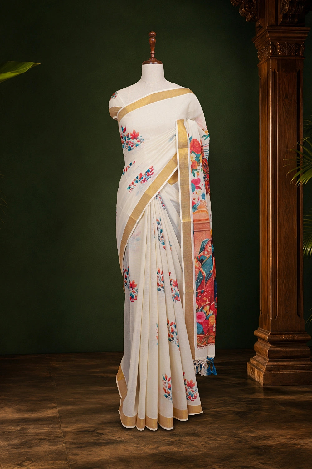 Off White Cotton Kerala Saree