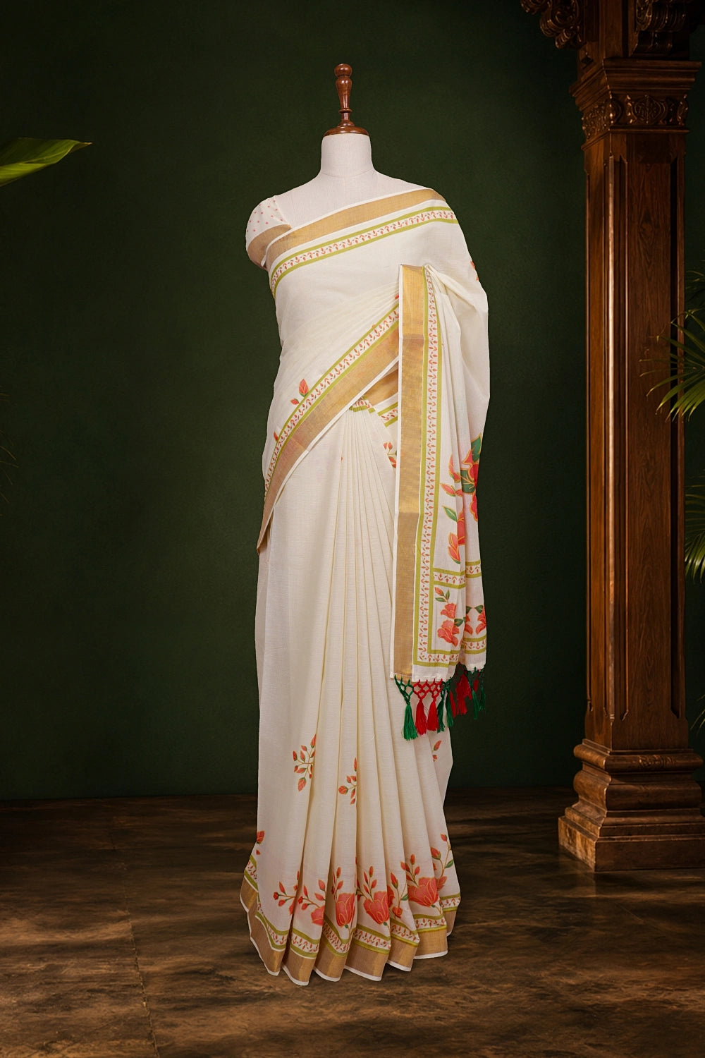 Off White Cotton Kerala Saree