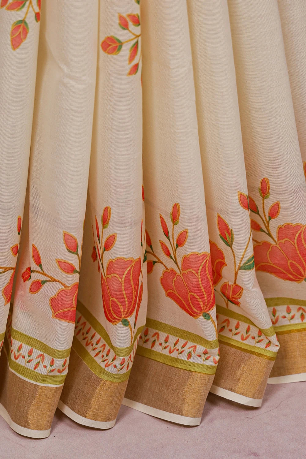 Off White Cotton Kerala Saree
