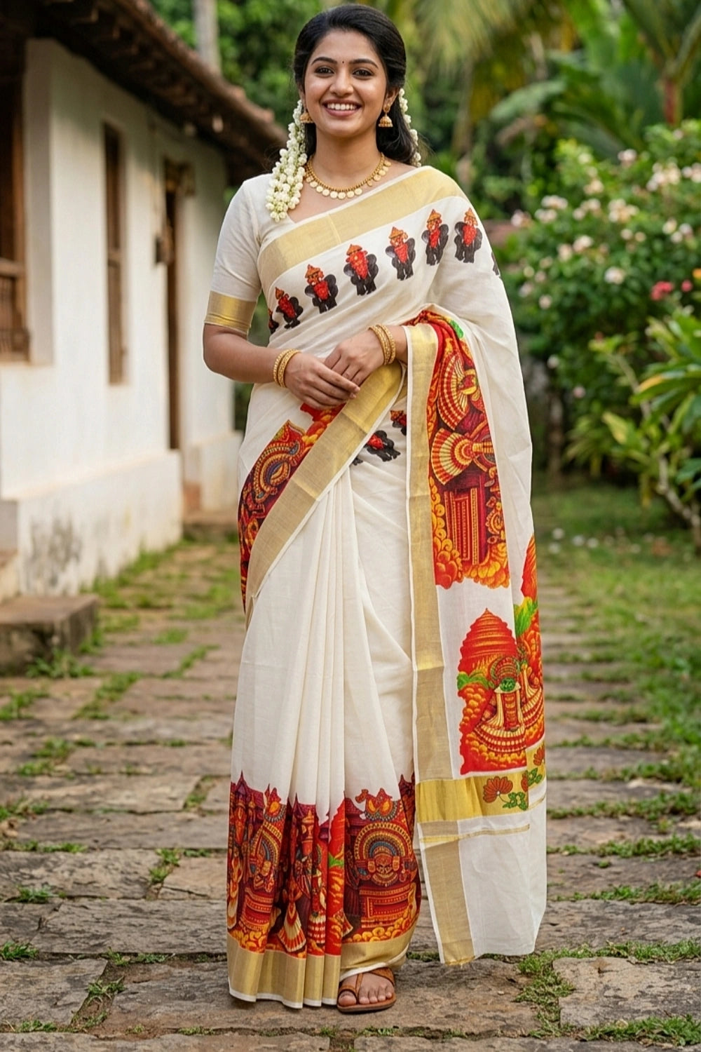 Off White Cotton Kerala Saree
