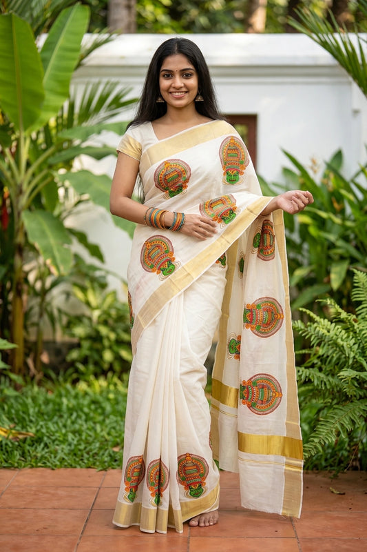Off White Cotton Kerala Saree - Seematti