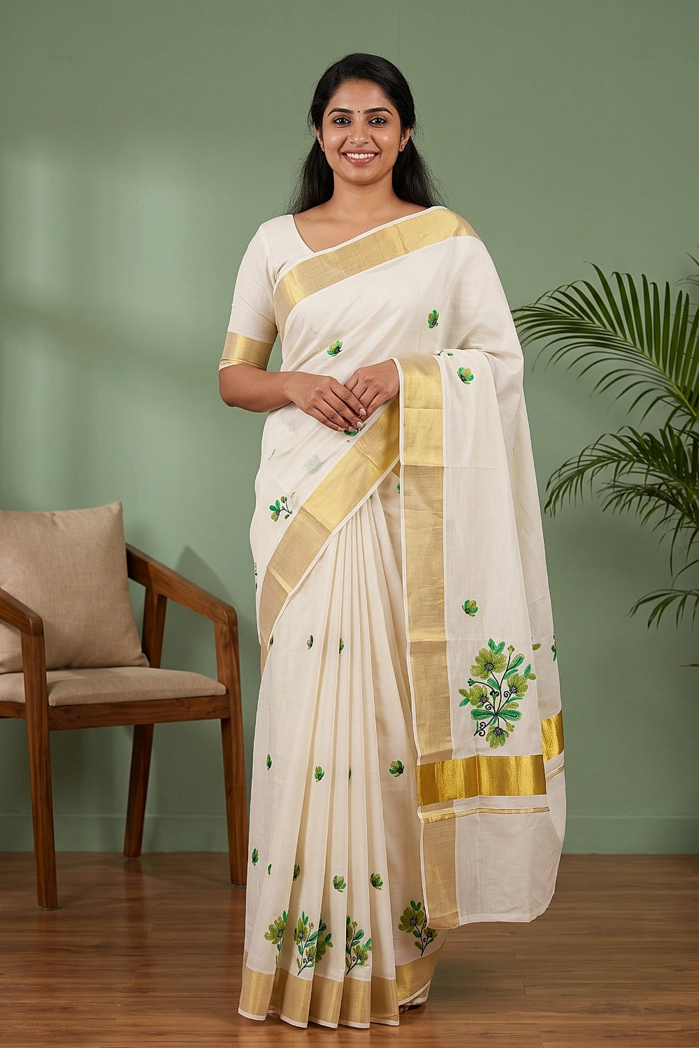 Off White Cotton Kerala Saree