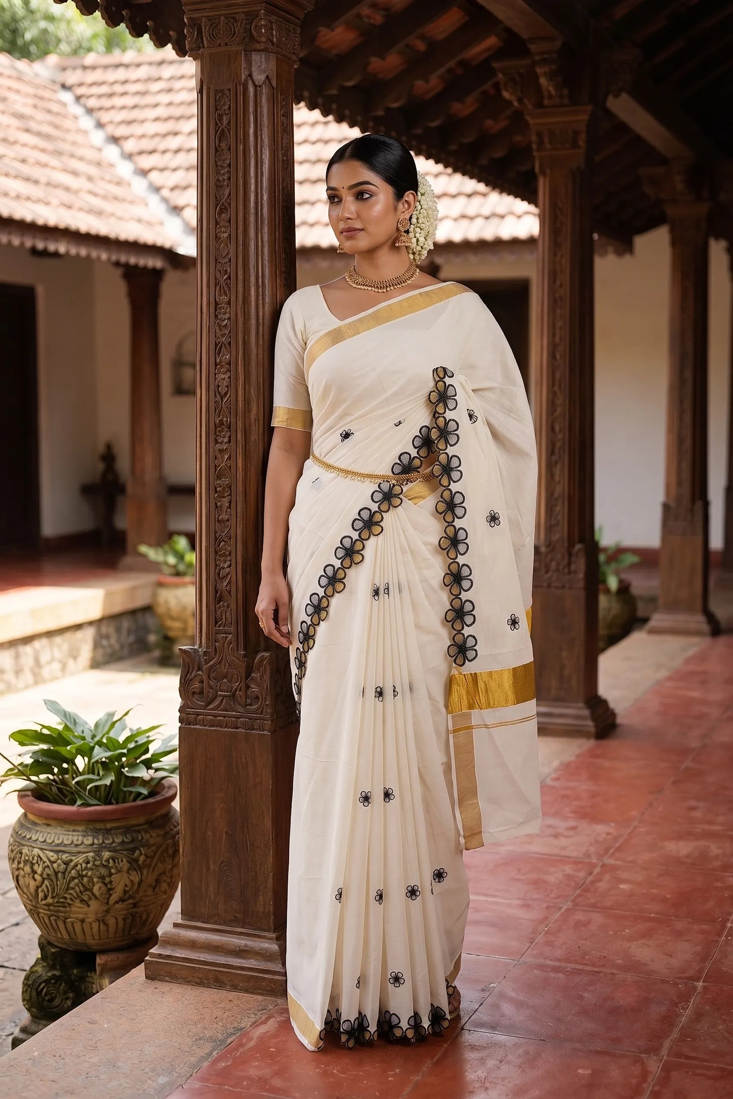 Off White Cotton Kerala Saree