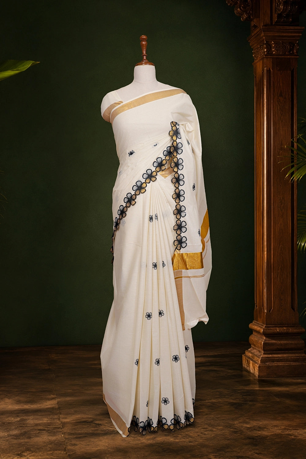 Off White Cotton Kerala Saree