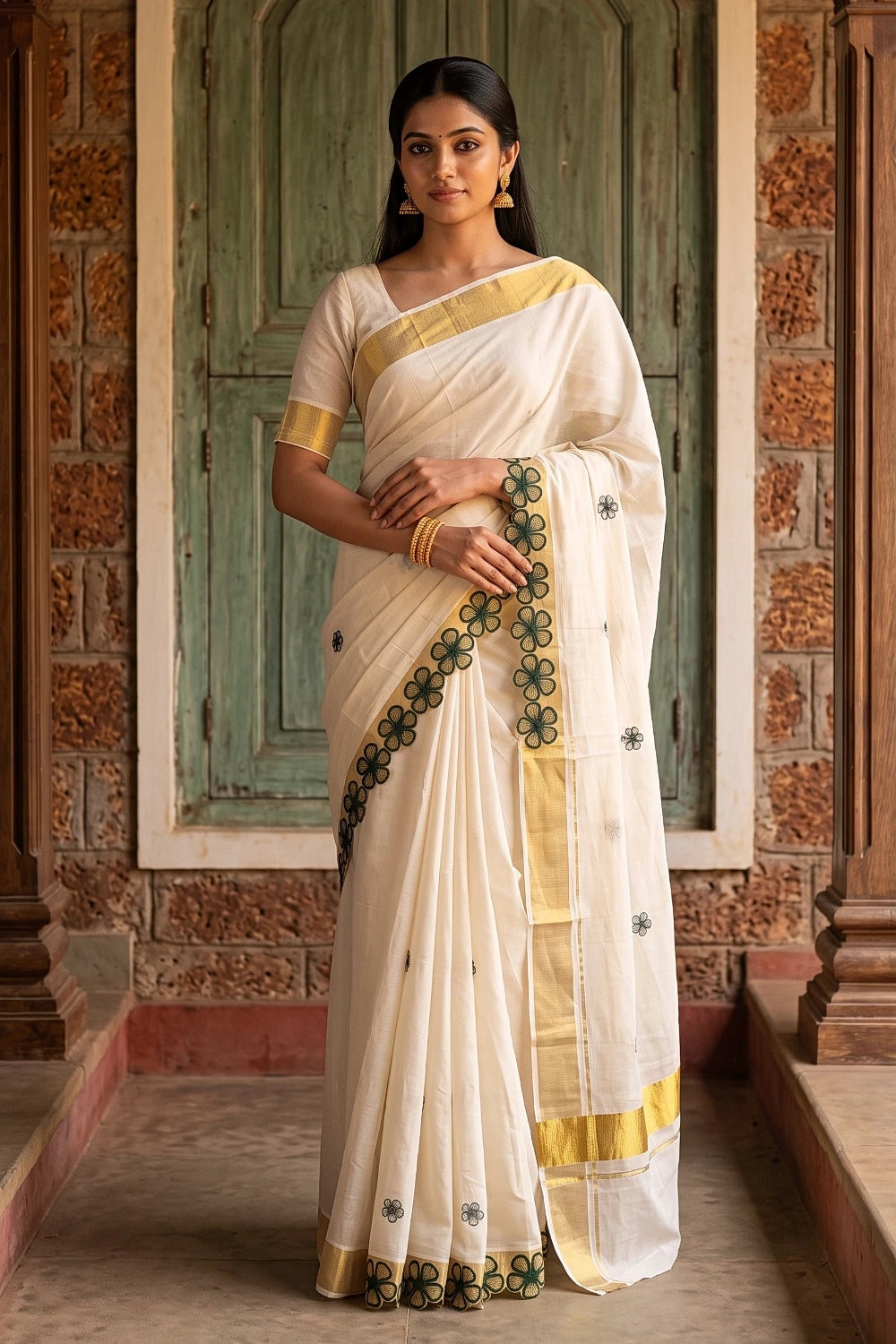 Off White Cotton Kerala Saree