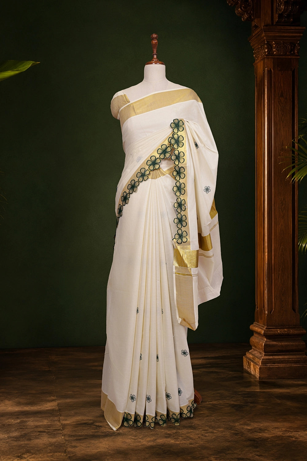 Off White Cotton Kerala Saree