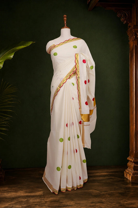 Off White Cotton Kerala Saree - Seematti