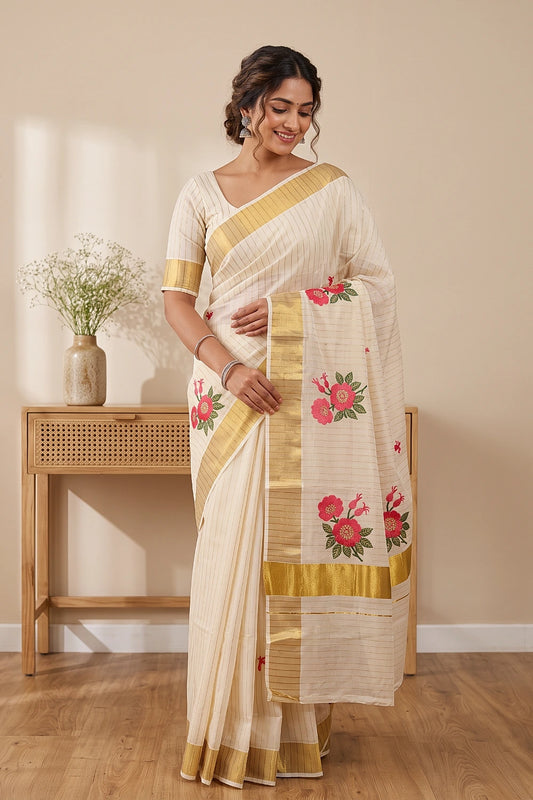 Off White Cotton Kerala Saree - Seematti