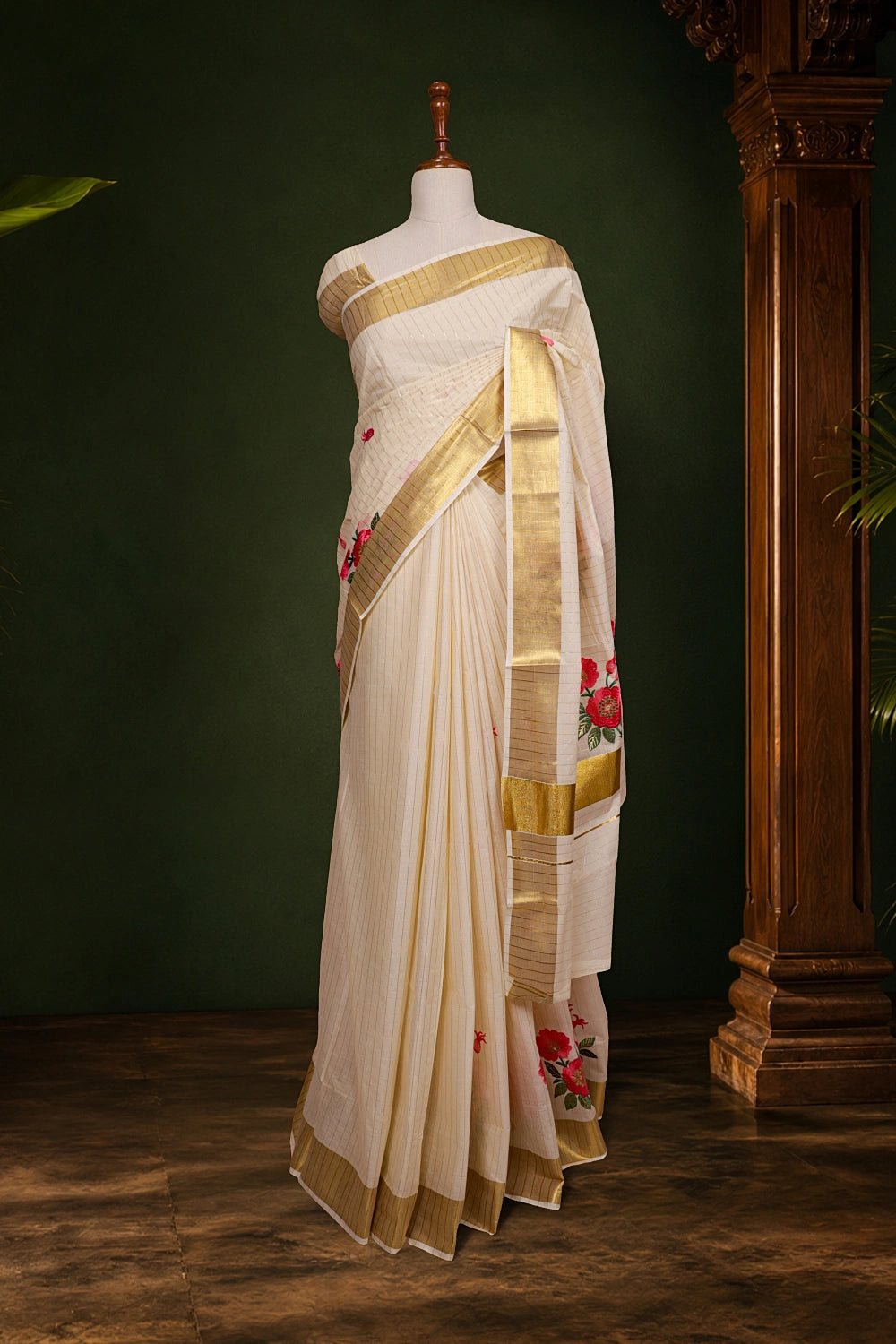Off White Cotton Kerala Saree