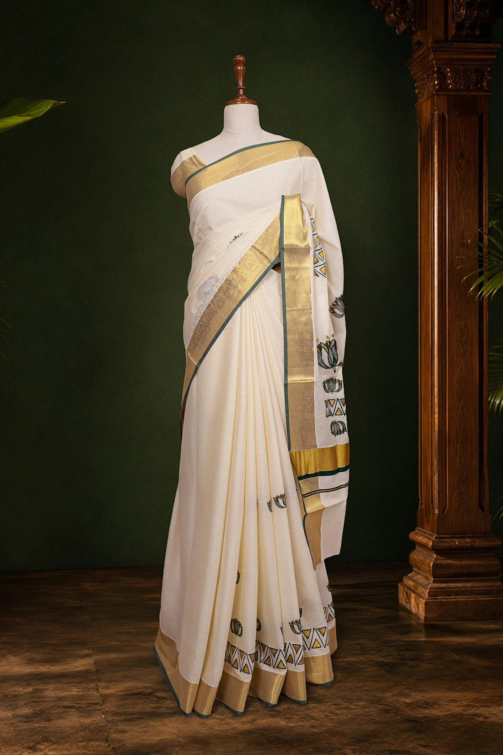 Off White Cotton Kerala Saree