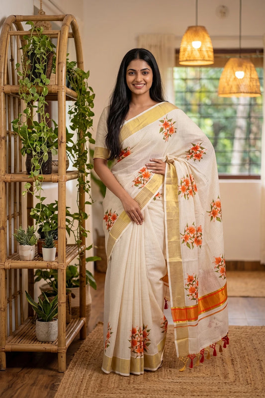 Off White Cotton Kerala Saree - Seematti