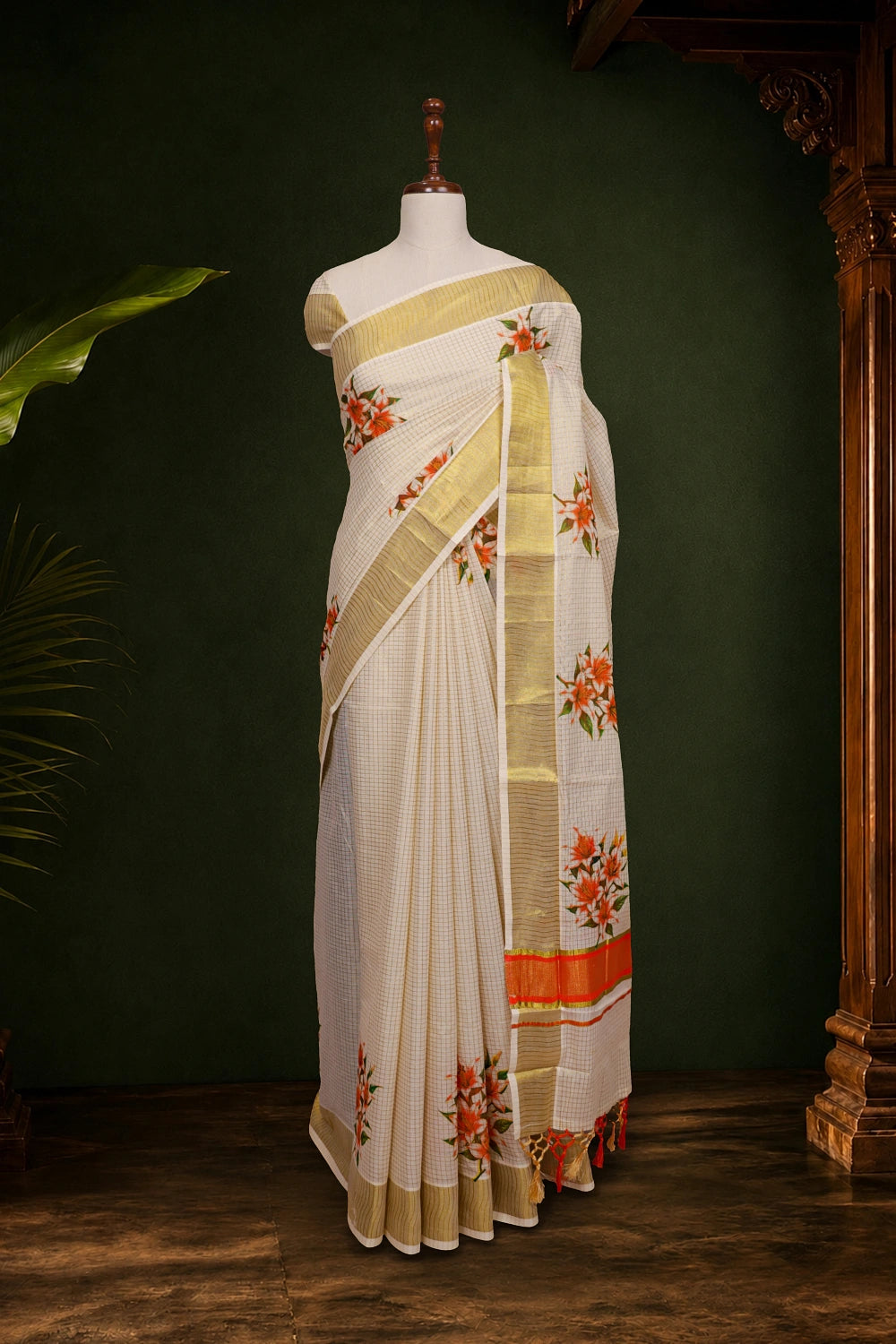 Off White Cotton Kerala Saree
